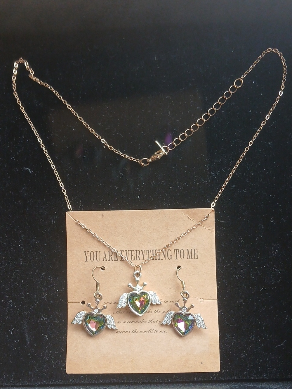 Heart Wing Crystal Pendant Necklace & Earring Set - Gold Tone, Iridescent Heart